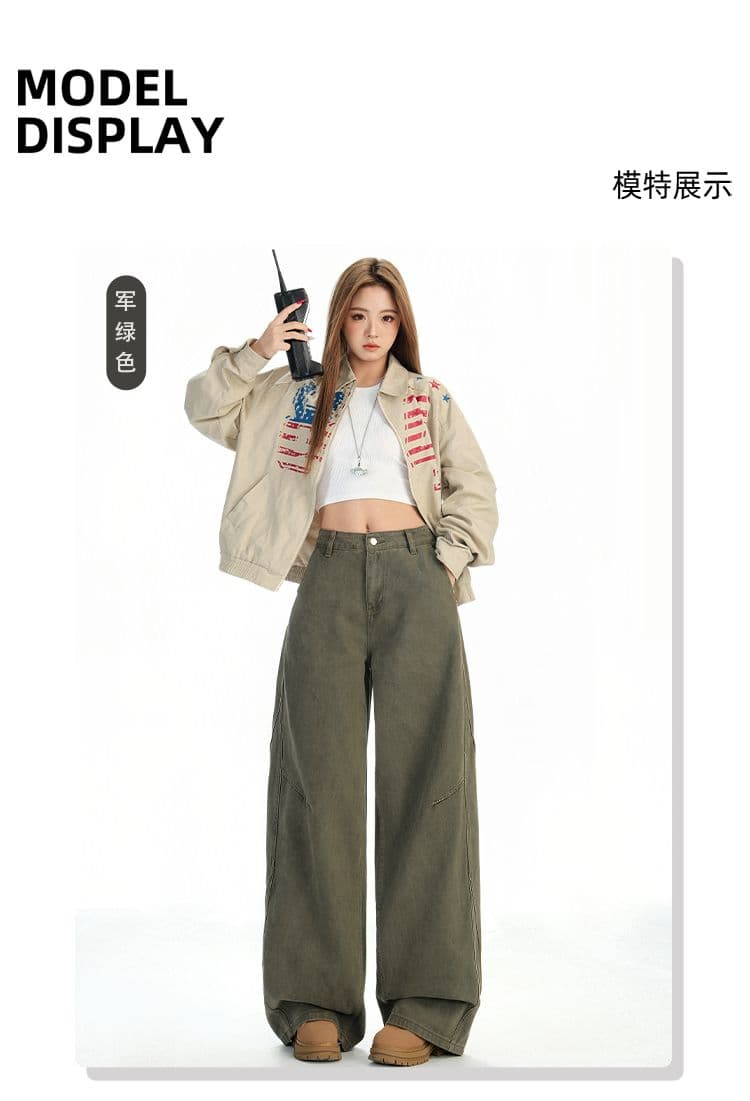 새로운 군용 녹색 아메리칸 레트로 워싱 마 오래된 청바지 남녀 루즈핏 스트레이트 와이드 레그 팬츠 상세 이미지 5