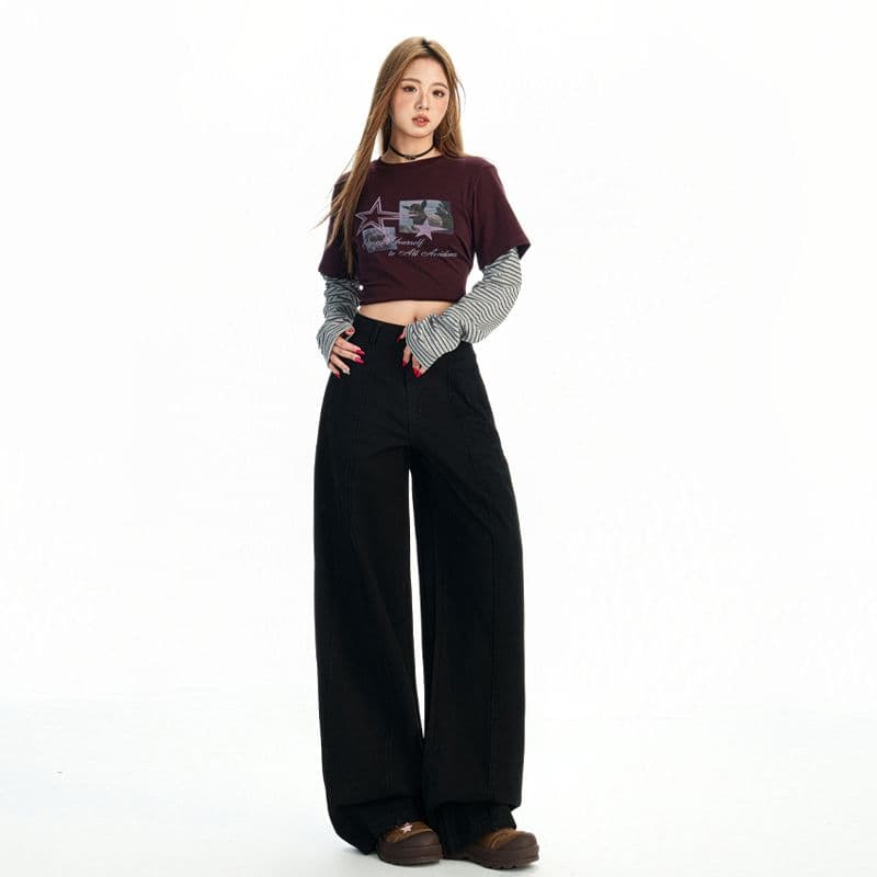 새로운 커피 색상 아메리칸 레트로 핫걸 분할 청바지 여성 스트레이트 슬림해 보이는 루즈핏 넓은 다리 길이 바지 이미지 2