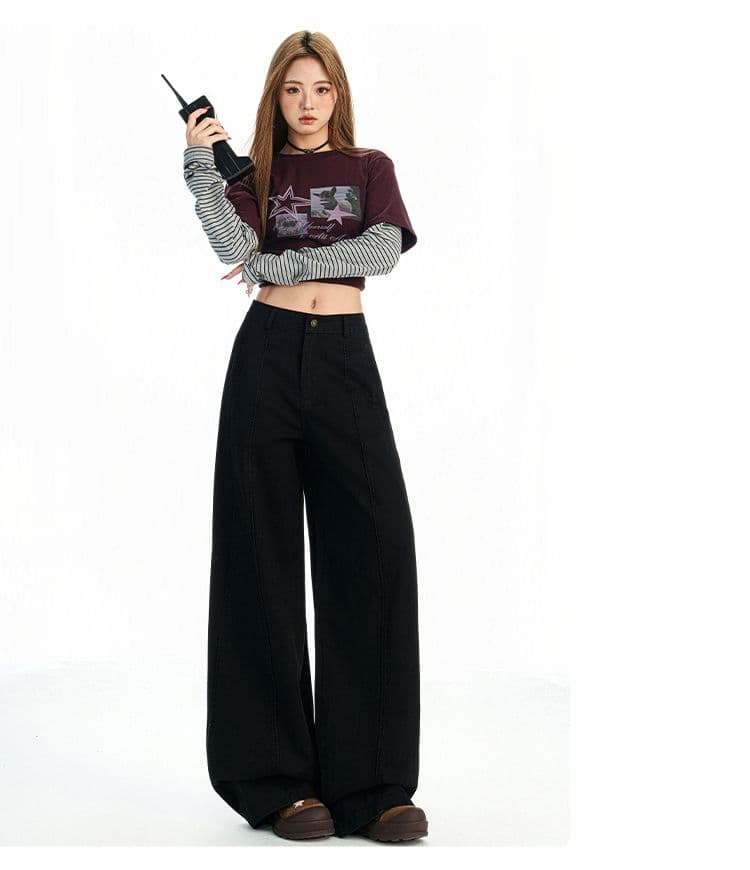 새로운 커피 색상 아메리칸 레트로 핫걸 분할 청바지 여성 스트레이트 슬림해 보이는 루즈핏 넓은 다리 길이 바지 상세 이미지 6