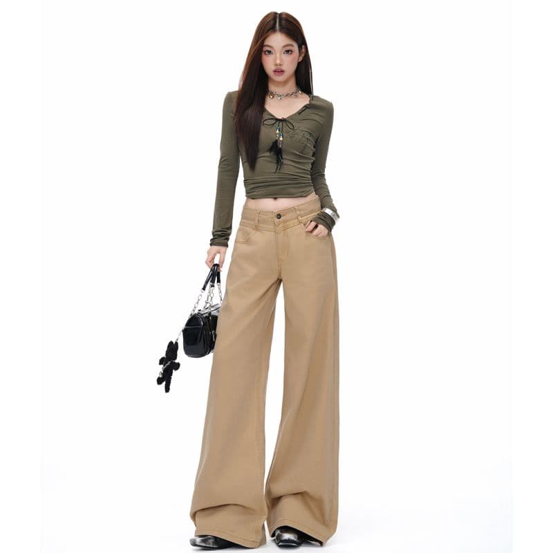 새로운 이른 가을 로우 웨이스트 넓은 다리 루즈핏 카키 색 수 있습니다. 조정 버클 디자인 청바지 여성 이미지 3