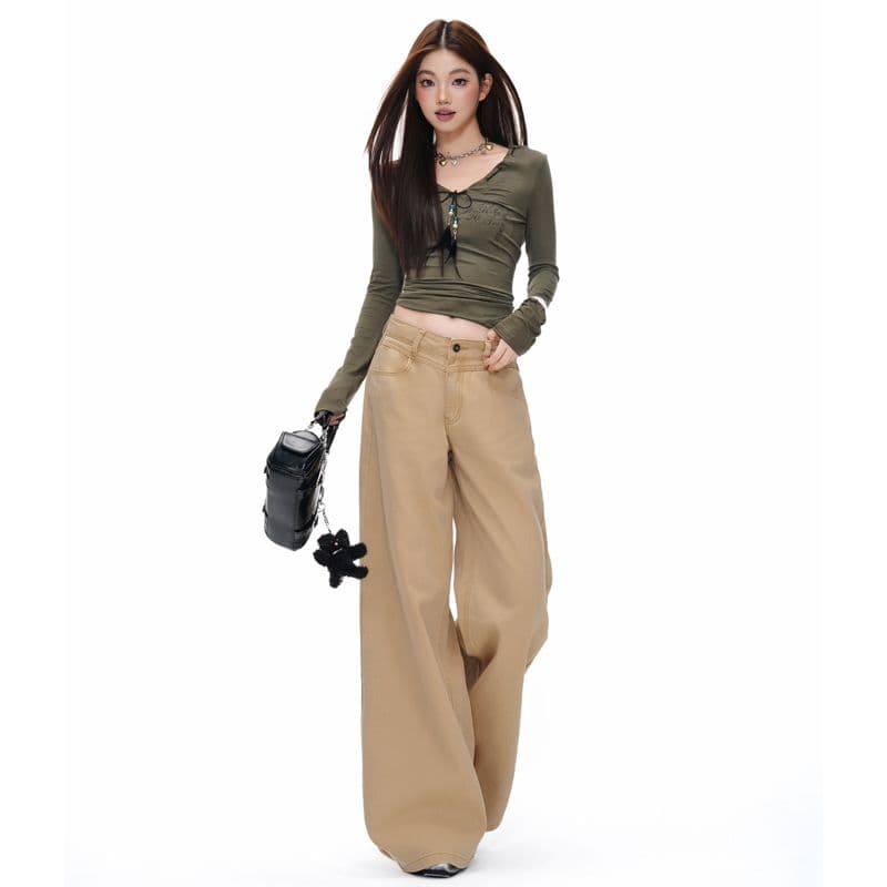 새로운 이른 가을 로우 웨이스트 넓은 다리 루즈핏 카키 색 수 있습니다. 조정 버클 디자인 청바지 여성 이미지 2