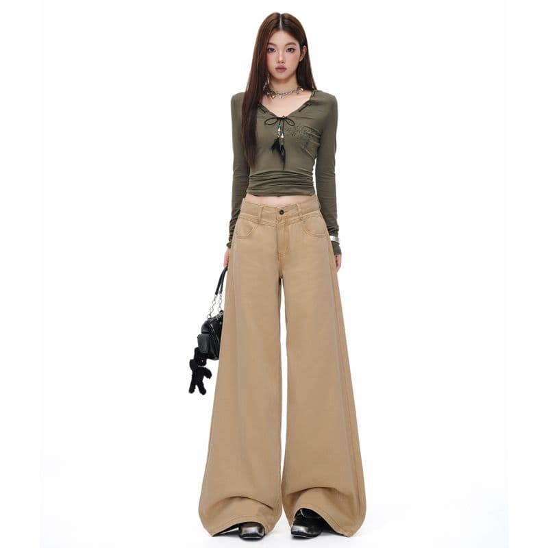 새로운 이른 가을 로우 웨이스트 넓은 다리 루즈핏 카키 색 수 있습니다. 조정 버클 디자인 청바지 여성 이미지 6