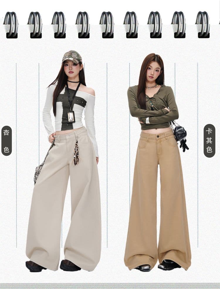 새로운 이른 가을 로우 웨이스트 넓은 다리 루즈핏 카키 색 수 있습니다. 조정 버클 디자인 청바지 여성 상세 이미지 2