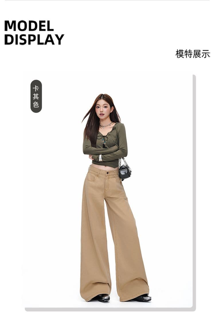 새로운 이른 가을 로우 웨이스트 넓은 다리 루즈핏 카키 색 수 있습니다. 조정 버클 디자인 청바지 여성 상세 이미지 5