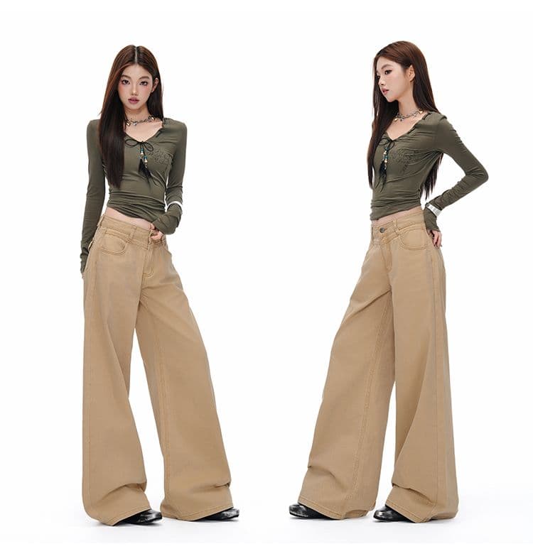 새로운 이른 가을 로우 웨이스트 넓은 다리 루즈핏 카키 색 수 있습니다. 조정 버클 디자인 청바지 여성 상세 이미지 8