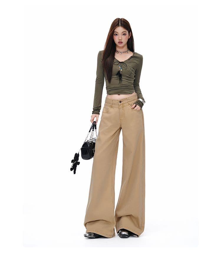 새로운 이른 가을 로우 웨이스트 넓은 다리 루즈핏 카키 색 수 있습니다. 조정 버클 디자인 청바지 여성 상세 이미지 9