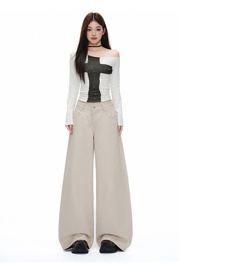 새로운 이른 가을 로우 웨이스트 넓은 다리 루즈핏 카키 색 수 있습니다. 조정 버클 디자인 청바지 여성 상세 이미지 14