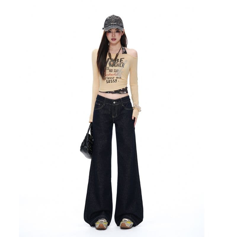 새로운 진한 파란색 아메리칸 레트로 여름 루즈핏 로우 웨이스트 아니요 막대기 다리 스트레이트 넓은 다리 청바지 여성 이미지 5
