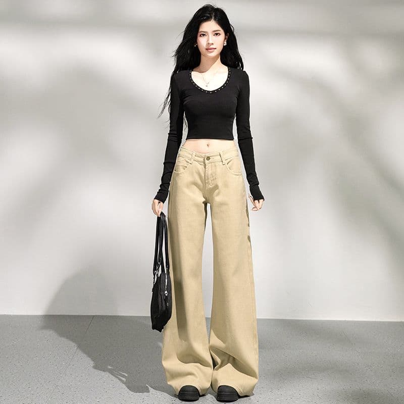 폭발 카키 나팔 바지 로우 웨이스트 루즈핏 넓은 다리 나팔 바지 슬림해 보이는 긴 바지 길이 연장 xs-xl 이미지 3