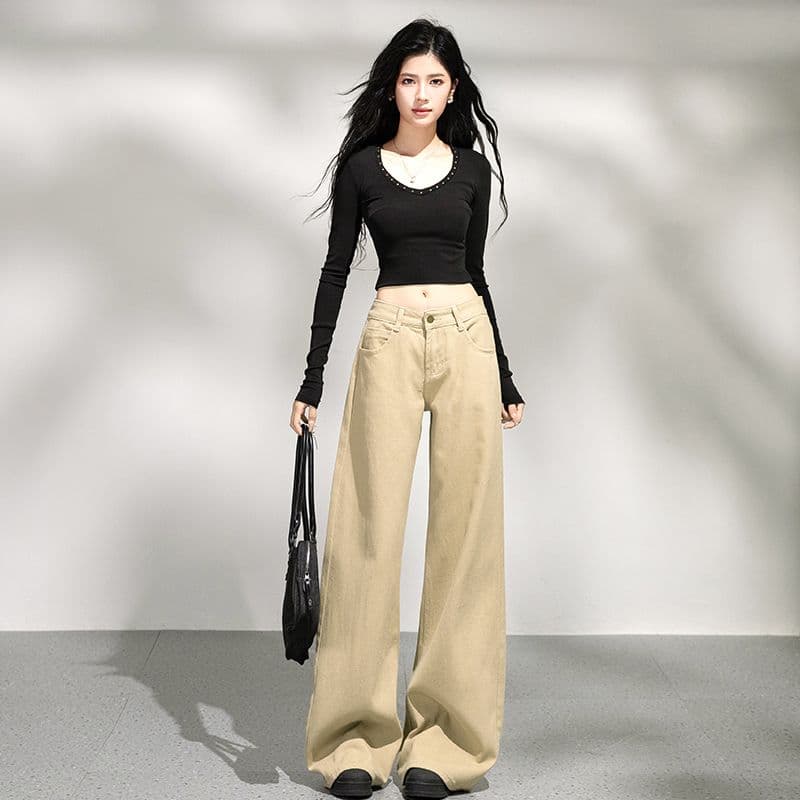 폭발 카키 나팔 바지 로우 웨이스트 루즈핏 넓은 다리 나팔 바지 슬림해 보이는 긴 바지 길이 연장 xs-xl 이미지 4