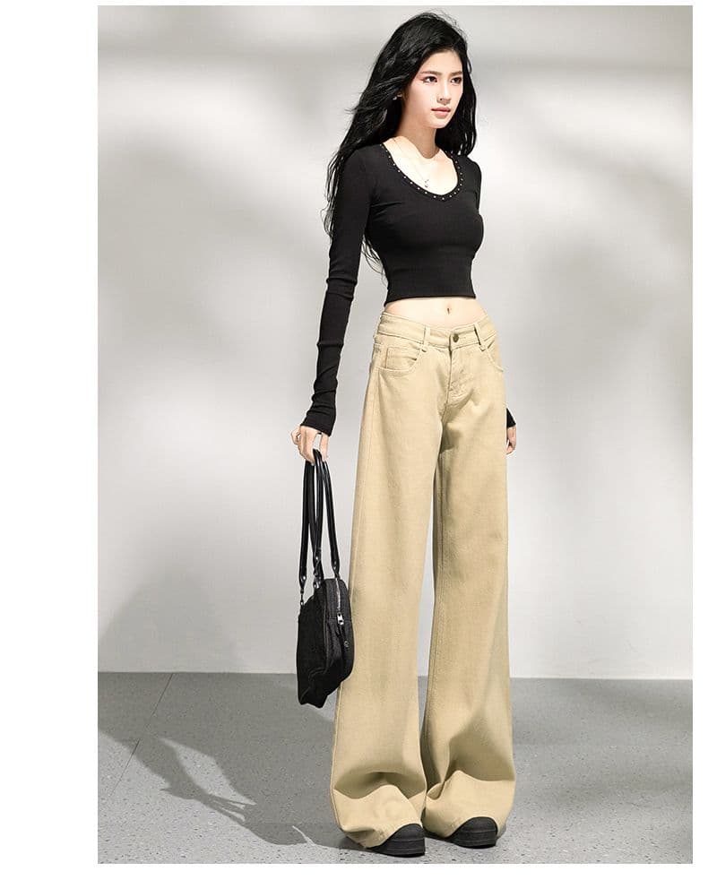 폭발 카키 나팔 바지 로우 웨이스트 루즈핏 넓은 다리 나팔 바지 슬림해 보이는 긴 바지 길이 연장 xs-xl 상세 이미지 14