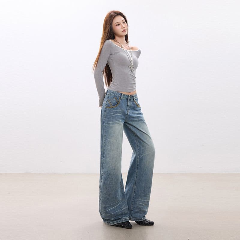 워싱 레트로 마 오래된 무거운 디자인 센스 자수 넓은 다리 청바지 루즈핏 다용도 가을 겨울 스트레이트 팬츠 여성 이미지 3