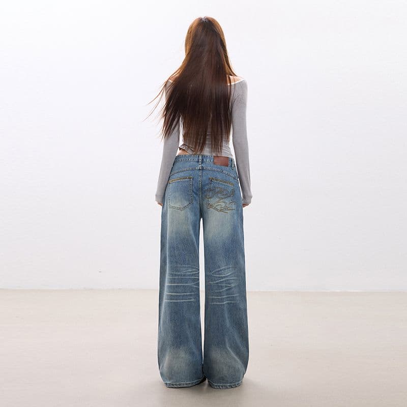 워싱 레트로 마 오래된 무거운 디자인 센스 자수 넓은 다리 청바지 루즈핏 다용도 가을 겨울 스트레이트 팬츠 여성 이미지 4