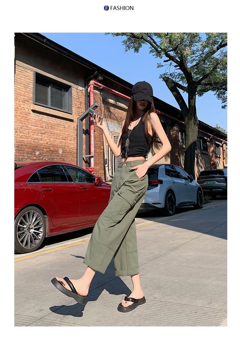 녹색 스트레이트 워크웨어 팬츠 데님 여성 2026 봄 여름 9 포인트 루즈핏 슬림해 보이는 와이드 레그 팬츠 아메리칸 작은 키 캐주얼 상세 이미지 11