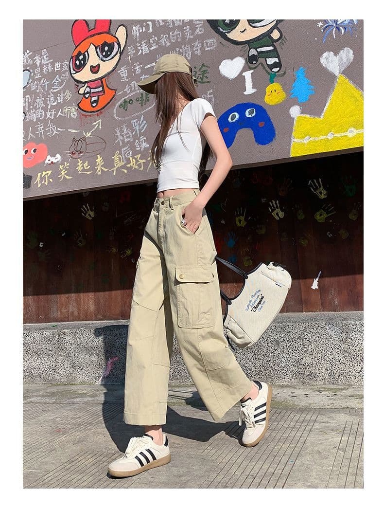 녹색 스트레이트 워크웨어 팬츠 데님 여성 2026 봄 여름 9 포인트 루즈핏 슬림해 보이는 와이드 레그 팬츠 아메리칸 작은 키 캐주얼 상세 이미지 14