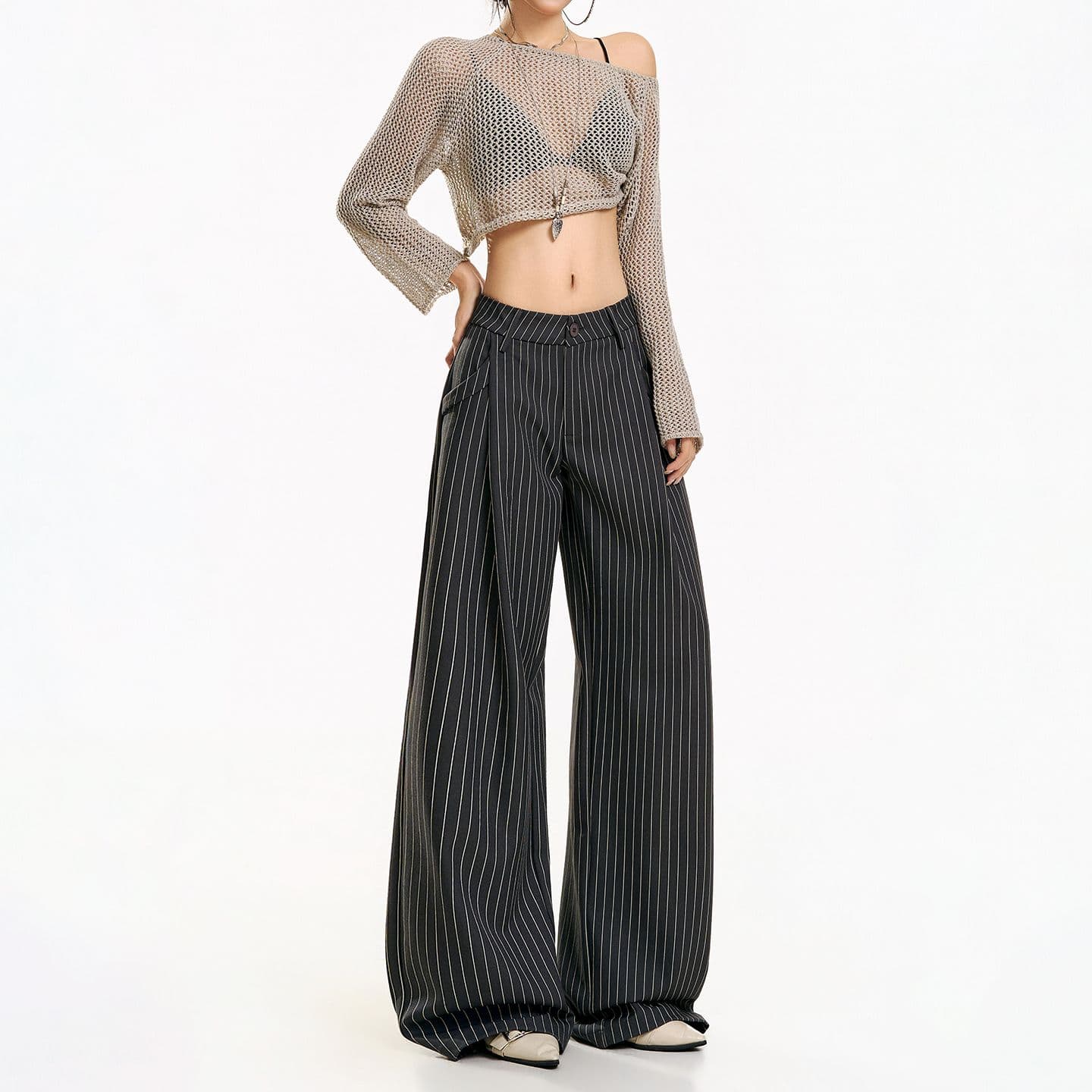 캐주얼 바지 여성 루즈핏 넓은 다리 아메리칸 스트라이프 정장 바지 이미지 4