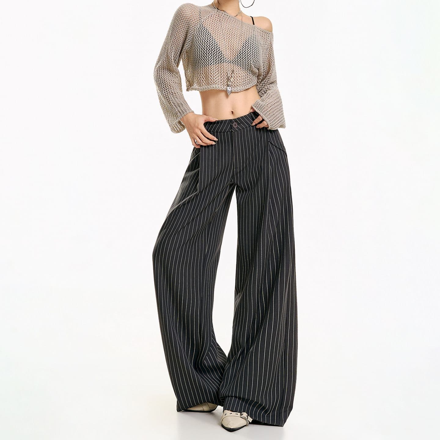 캐주얼 바지 여성 루즈핏 넓은 다리 아메리칸 스트라이프 정장 바지 이미지 2