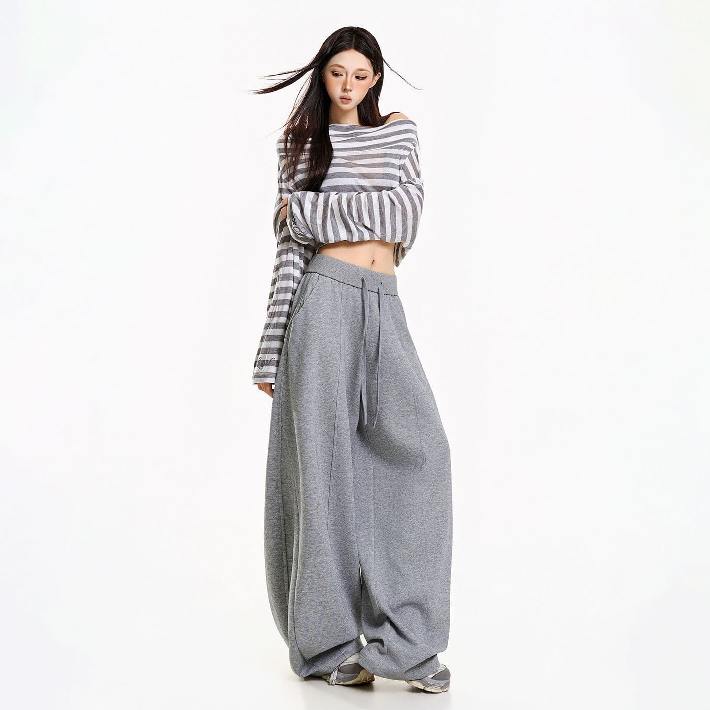 캐주얼 바지 여성 모통이 칼 바지 웨이 바지 허리밴드 루즈핏 도루 센스 이미지 2