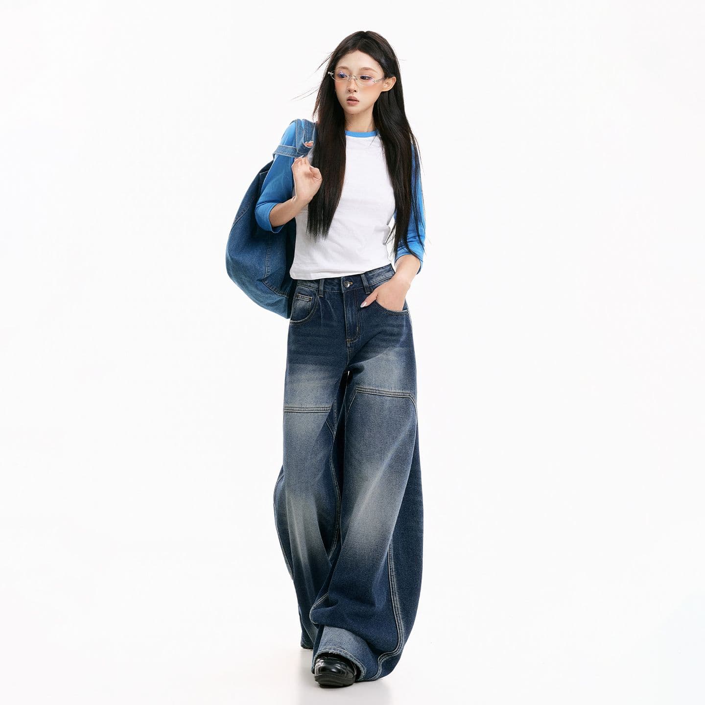 청바지 여성 넓은 다리 아메리칸 스프레이 말 骝 레트로 마 오래된 이미지 3