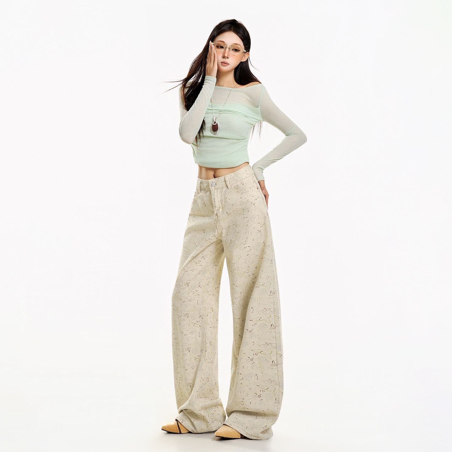 청바지 여성 루즈핏 넓은 다리 레트로 아메리칸 수채화
