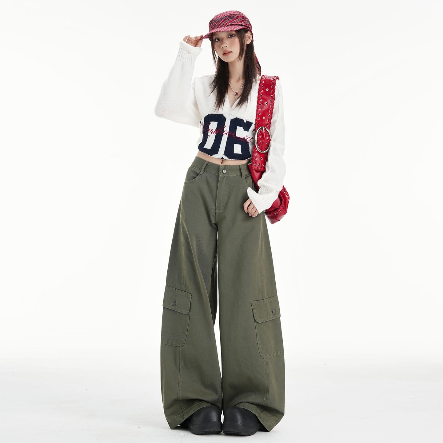 군용 녹색 아메리칸 핫걸 워크웨어 캐주얼 바지 여성 2026 가을 새로운 디자인 센스 하이웨이스트 루즈핏 와이드 레그 팬츠 이미지 6