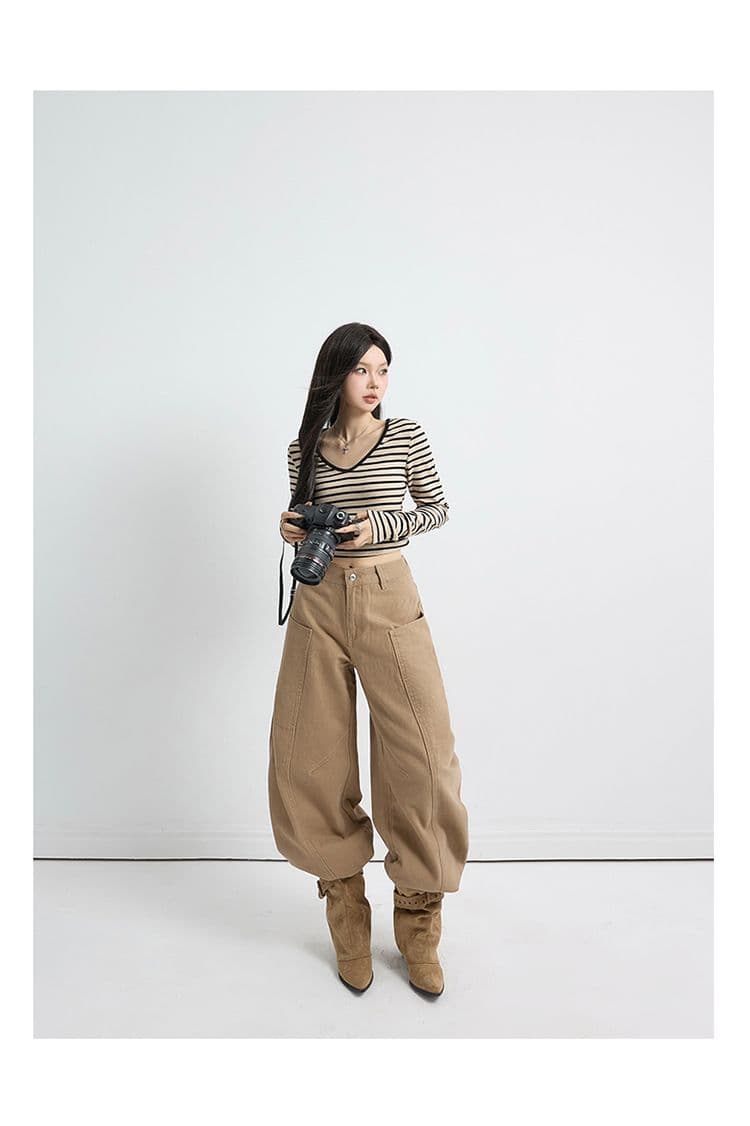 아메리칸 레트로 로우 웨이스트 루즈핏 와이드 레그 팬츠 다용도 낫 바지 청바지 여성 모통이 칼 바지 긴 바지 길이 연장 상세 이미지 2