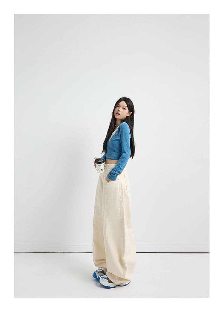 아메리칸 레트로 하이웨이스트 살구 색상 루즈핏 와이드 레그 팬츠 다용도 모통이 칼 바지 가을 겨울 청바지 여성 바나나 바지 상세 이미지 8