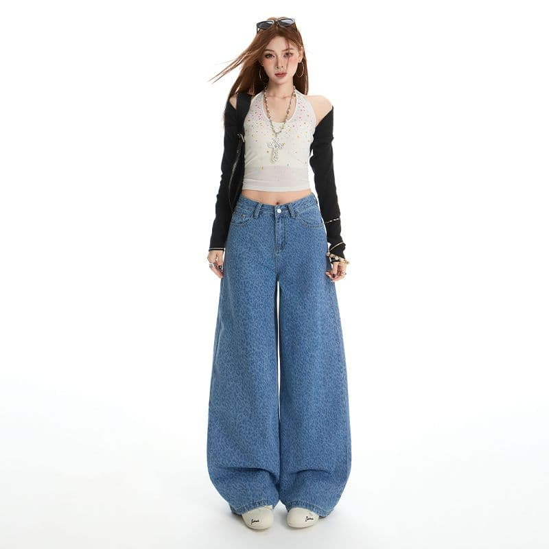 패션 레오파드 무늬 넓은 다리 데님 2026 새로운 하이웨이스트 패션 루즈핏 대 넓은 다리 바닥 청소 바지 이미지 2