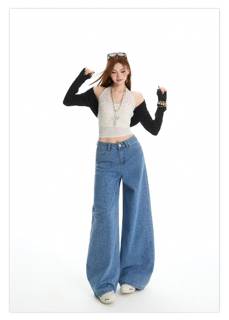 패션 레오파드 무늬 넓은 다리 데님 2026 새로운 하이웨이스트 패션 루즈핏 대 넓은 다리 바닥 청소 바지 상세 이미지 6