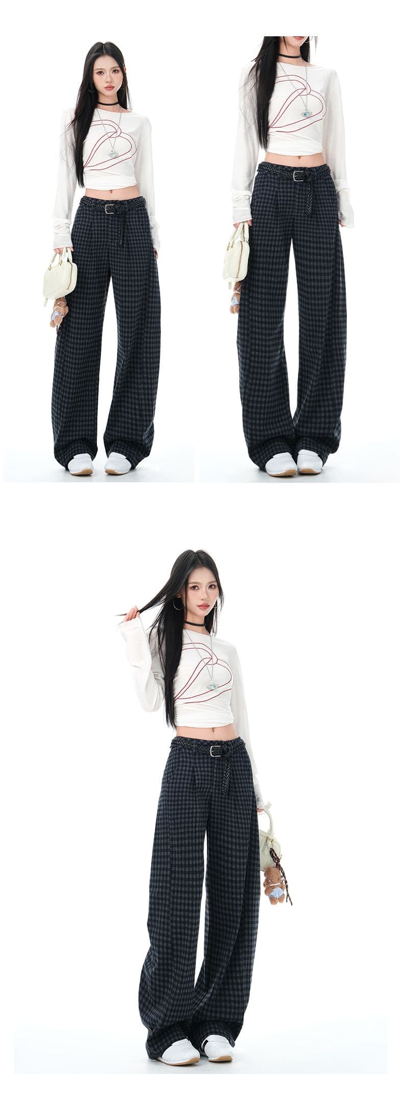 가을 체크무늬 모통이 칼 바지 여성 2026 봄 가을 새로운 하이웨이스트 슬림해 보이는 디자인 센스 와이드 레그 팬츠 상세 이미지 8