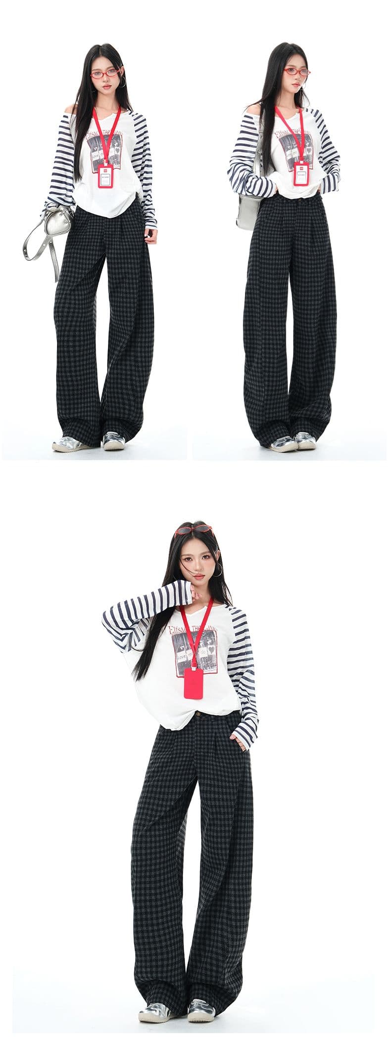 가을 체크무늬 모통이 칼 바지 여성 2026 봄 가을 새로운 하이웨이스트 슬림해 보이는 디자인 센스 와이드 레그 팬츠 상세 이미지 13