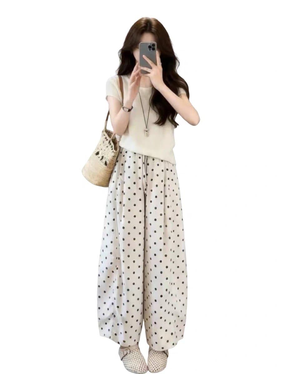 자이언트 잘 생긴 ootd 착용 가져 가라. 전체 집합 2026 새로운 반팔 티셔츠 여성 여름 와이드 레그 팬츠 캐주얼 투피스 슈트 상세 이미지 2
