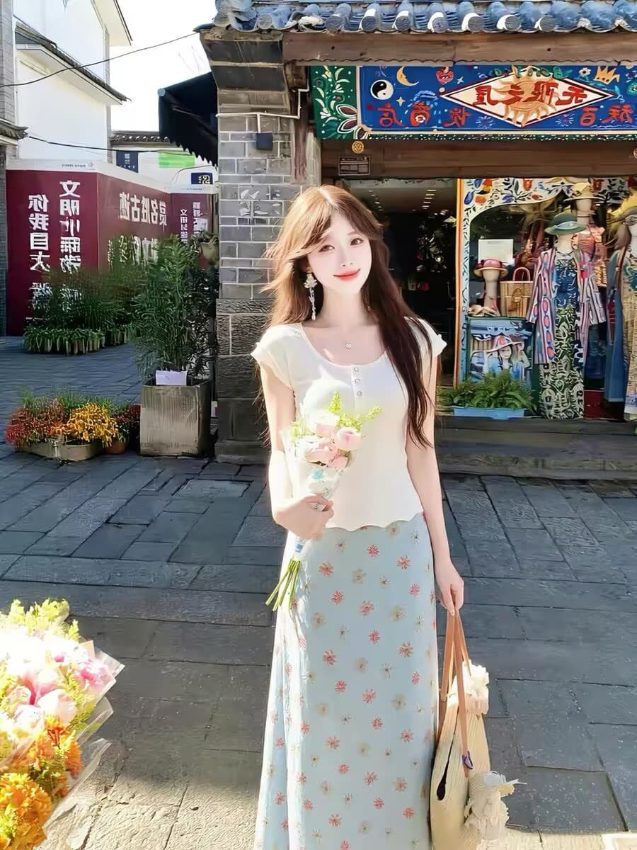 미니멀리즘 몸매 가꾸기 작은 날다 소매 티셔츠 맨위 여성 초여름 착용 가져 가라. 전체 집합 꽃무늬 인어 꼬리 반신 롱 스커트 투피스 세트 상세 이미지 4