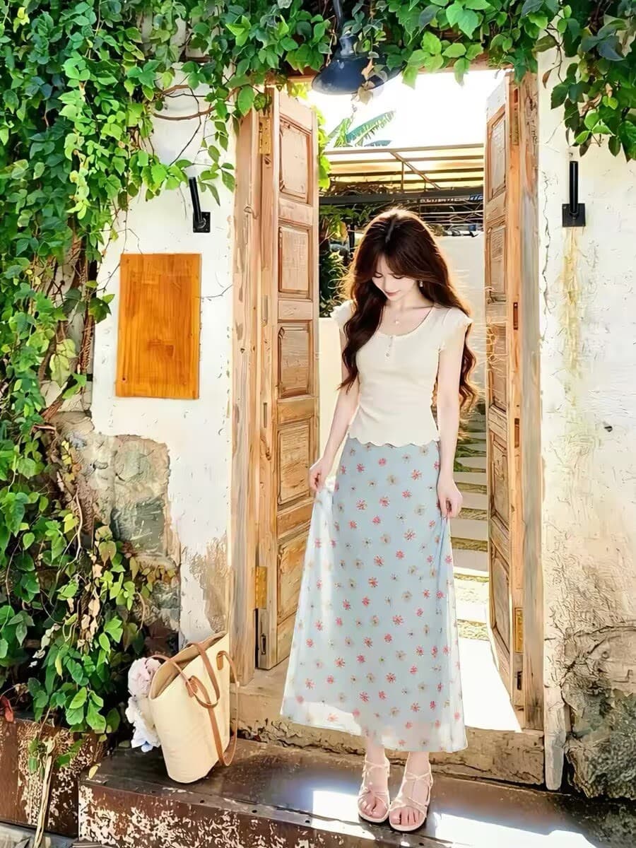 미니멀리즘 몸매 가꾸기 작은 날다 소매 티셔츠 맨위 여성 초여름 착용 가져 가라. 전체 집합 꽃무늬 인어 꼬리 반신 롱 스커트 투피스 세트 상세 이미지 7