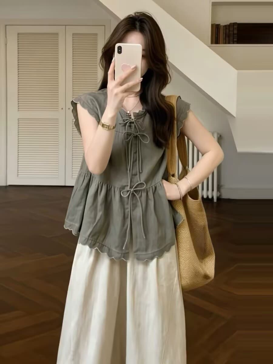 와이드 레그 팬츠 세트 여성 여름 2026 새로운 한 부서 전체 집합 ootd 착용 가져 가라. 연령 감소 고유 한 아름다운 인형 셔츠 이미지 2