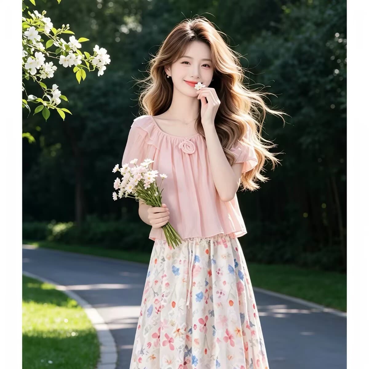 캐주얼 패션 세트 여성 2026 새로운 광장 칼라 프릴 반팔 맨위 수채화 물감 꽃무늬 큰 진자 반신 롱 스커트 이미지 2
