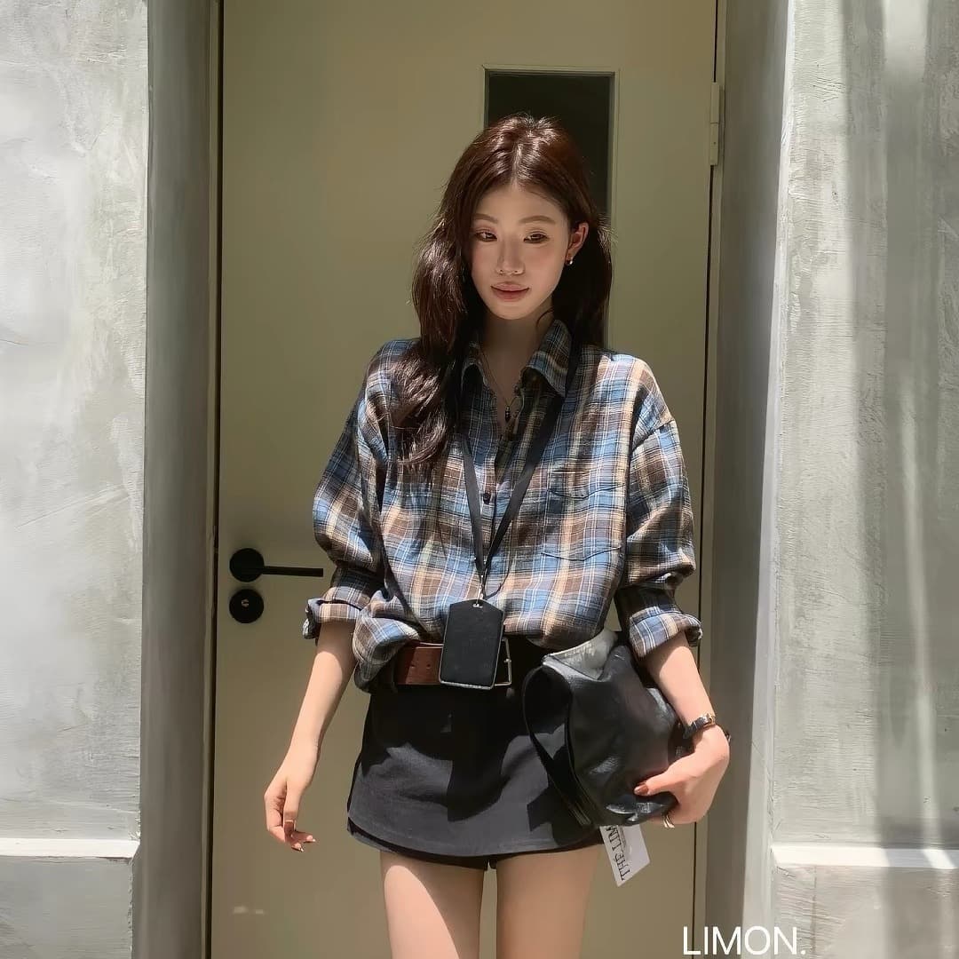 the limon 레몬 녹차 26 이른 가을 한 부서 레트로 느긋한 체크무늬 루즈핏 슬림해 보이는 셔츠 여성 셔츠 이미지 3