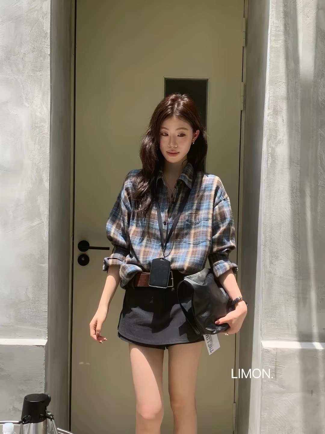 the limon 레몬 녹차 26 이른 가을 한 부서 레트로 느긋한 체크무늬 루즈핏 슬림해 보이는 셔츠 여성 셔츠 상세 이미지 2
