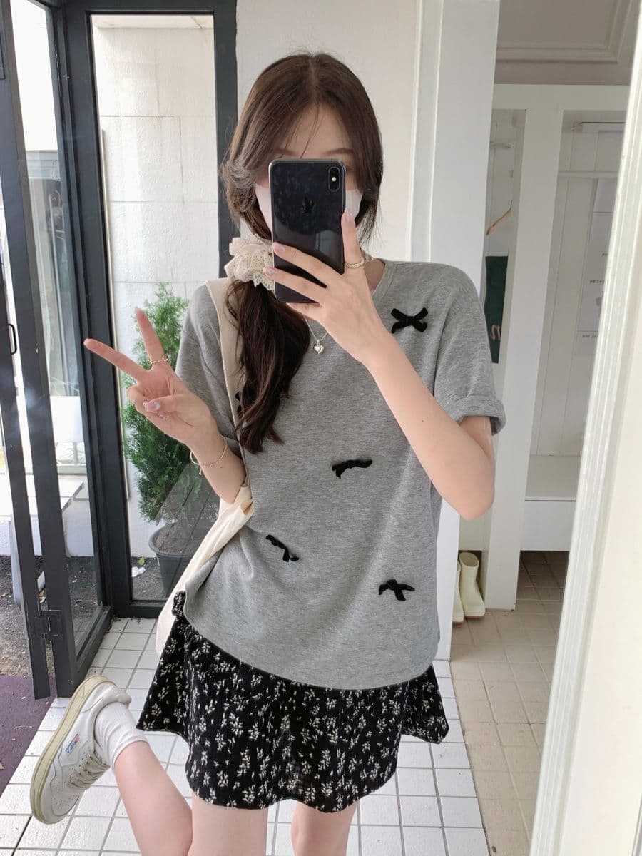 실사 순면 라운드 넥 접기 어깨 반팔 티셔츠 여성 폭발 3 차원 나비 매듭 디자인 루즈핏 기본 셔츠 맨위 트렌디 상세 이미지 9