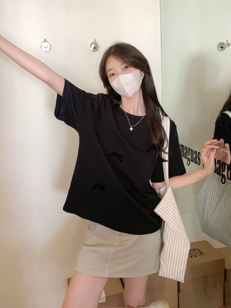 실사 순면 라운드 넥 접기 어깨 반팔 티셔츠 여성 폭발 3 차원 나비 매듭 디자인 루즈핏 기본 셔츠 맨위 트렌디 상세 이미지 12
