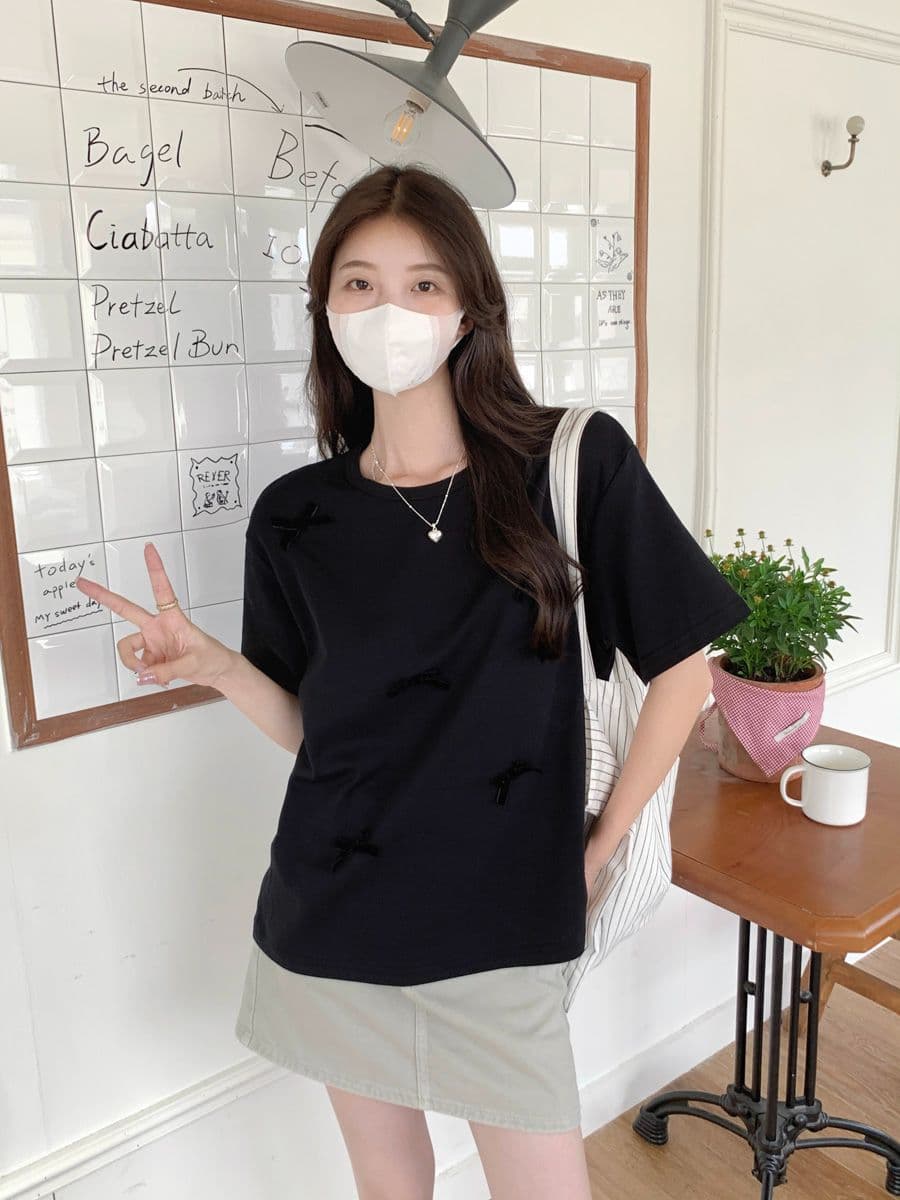 실사 순면 라운드 넥 접기 어깨 반팔 티셔츠 여성 폭발 3 차원 나비 매듭 디자인 루즈핏 기본 셔츠 맨위 트렌디 상세 이미지 13