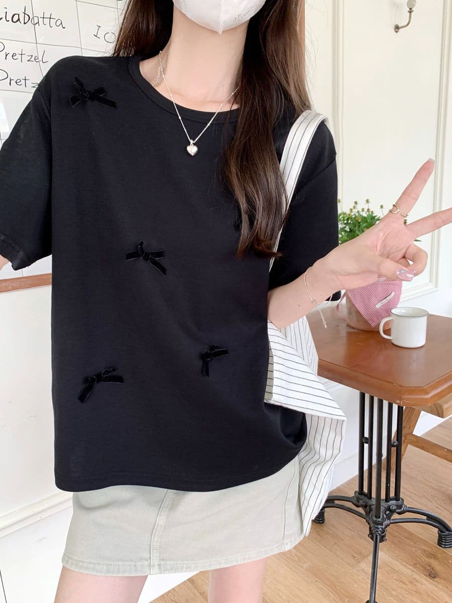 실사 순면 라운드 넥 접기 어깨 반팔 티셔츠 여성 폭발 3 차원 나비 매듭 디자인 루즈핏 기본 셔츠 맨위 트렌디 상세 이미지 14