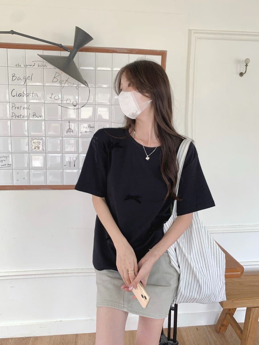 실사 순면 라운드 넥 접기 어깨 반팔 티셔츠 여성 폭발 3 차원 나비 매듭 디자인 루즈핏 기본 셔츠 맨위 트렌디 상세 이미지 18