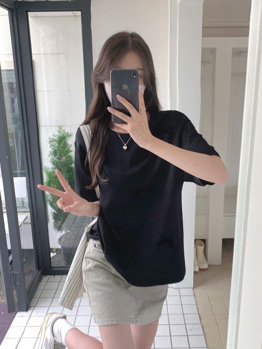실사 순면 라운드 넥 접기 어깨 반팔 티셔츠 여성 폭발 3 차원 나비 매듭 디자인 루즈핏 기본 셔츠 맨위 트렌디 상세 이미지 19