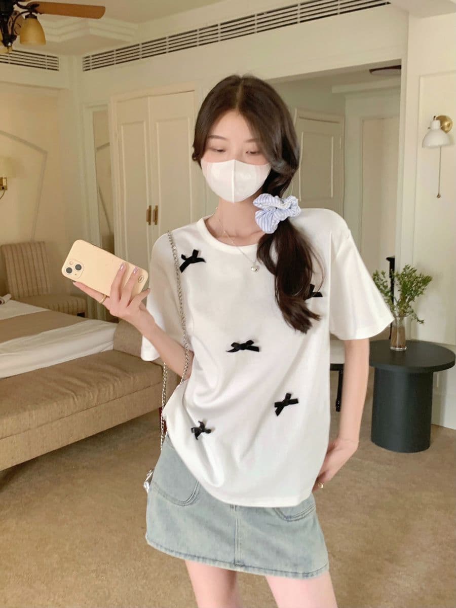 실사 순면 라운드 넥 접기 어깨 반팔 티셔츠 여성 폭발 3 차원 나비 매듭 디자인 루즈핏 기본 셔츠 맨위 트렌디 상세 이미지 22