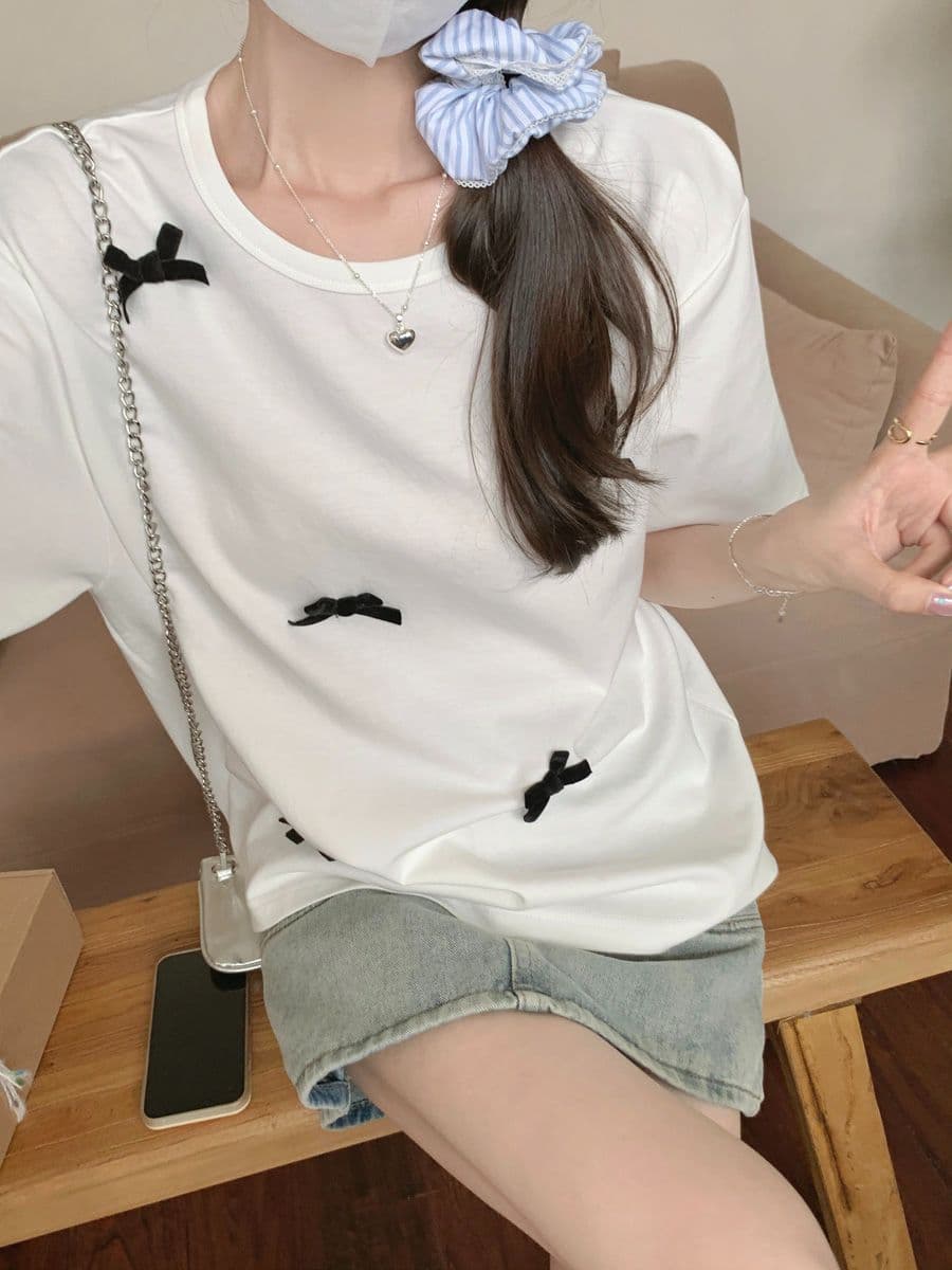 실사 순면 라운드 넥 접기 어깨 반팔 티셔츠 여성 폭발 3 차원 나비 매듭 디자인 루즈핏 기본 셔츠 맨위 트렌디 상세 이미지 27
