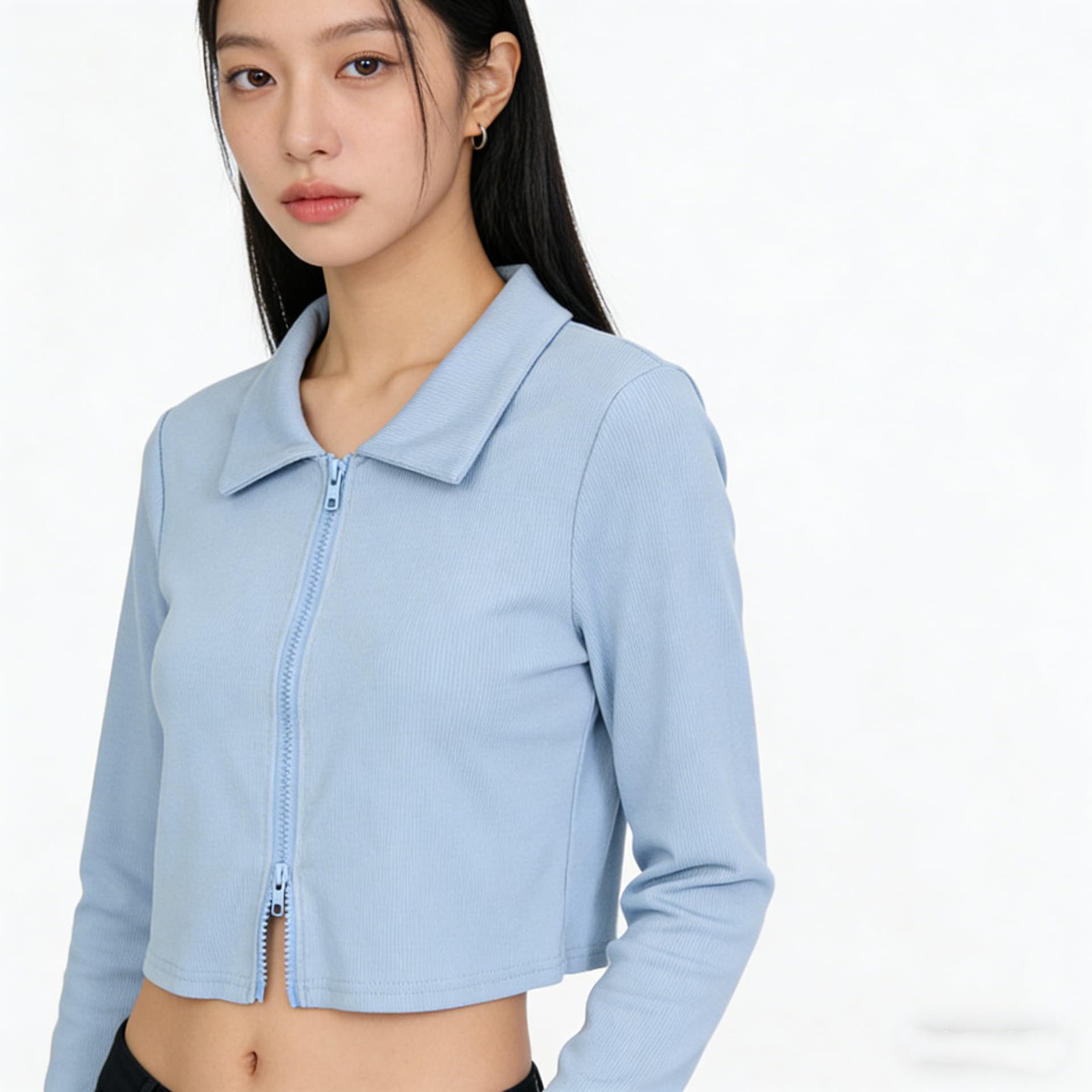 인터넷 유명인 POLO 칼라 더블 지퍼 오픈 가디건 긴팔 티셔츠 여성 ins 슈퍼 화재 디자인 센스 쇼트 스타일 이슬 뼈의 맨위