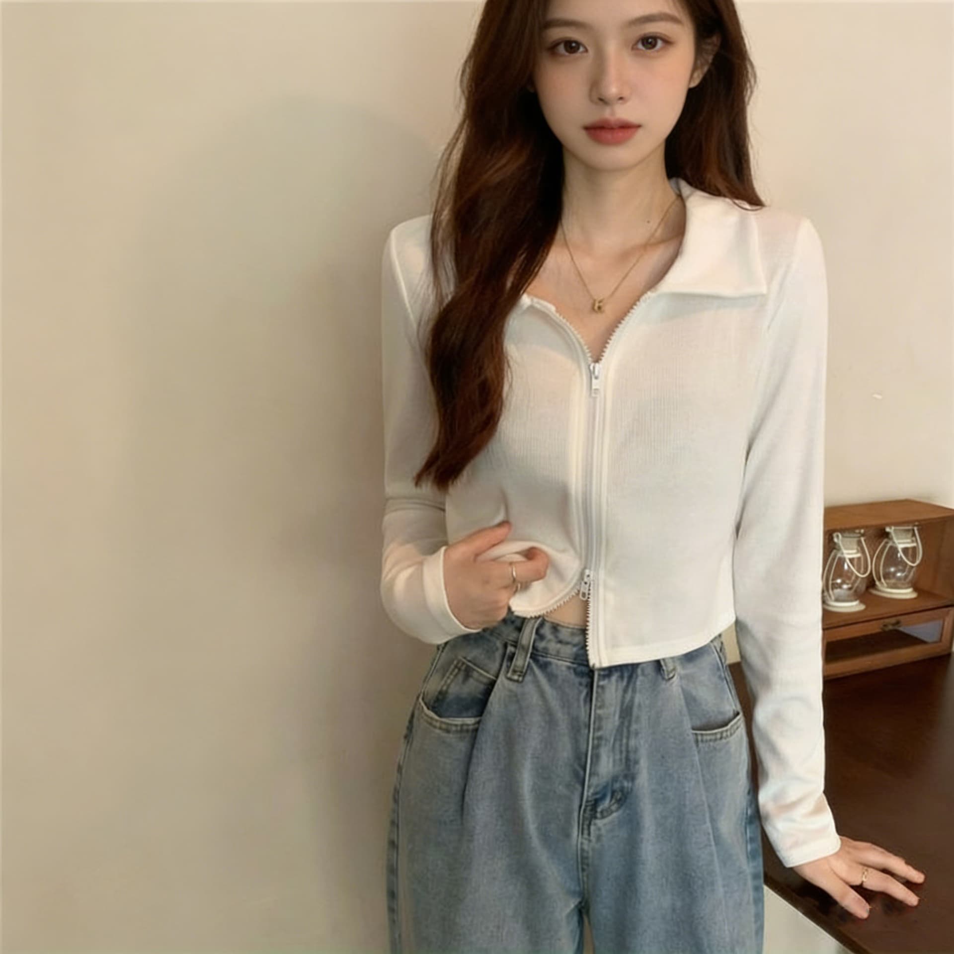 인터넷 유명인 POLO 칼라 더블 지퍼 오픈 가디건 긴팔 티셔츠 여성 ins 슈퍼 화재 디자인 센스 쇼트 스타일 이슬 뼈의 맨위 상세 이미지 7