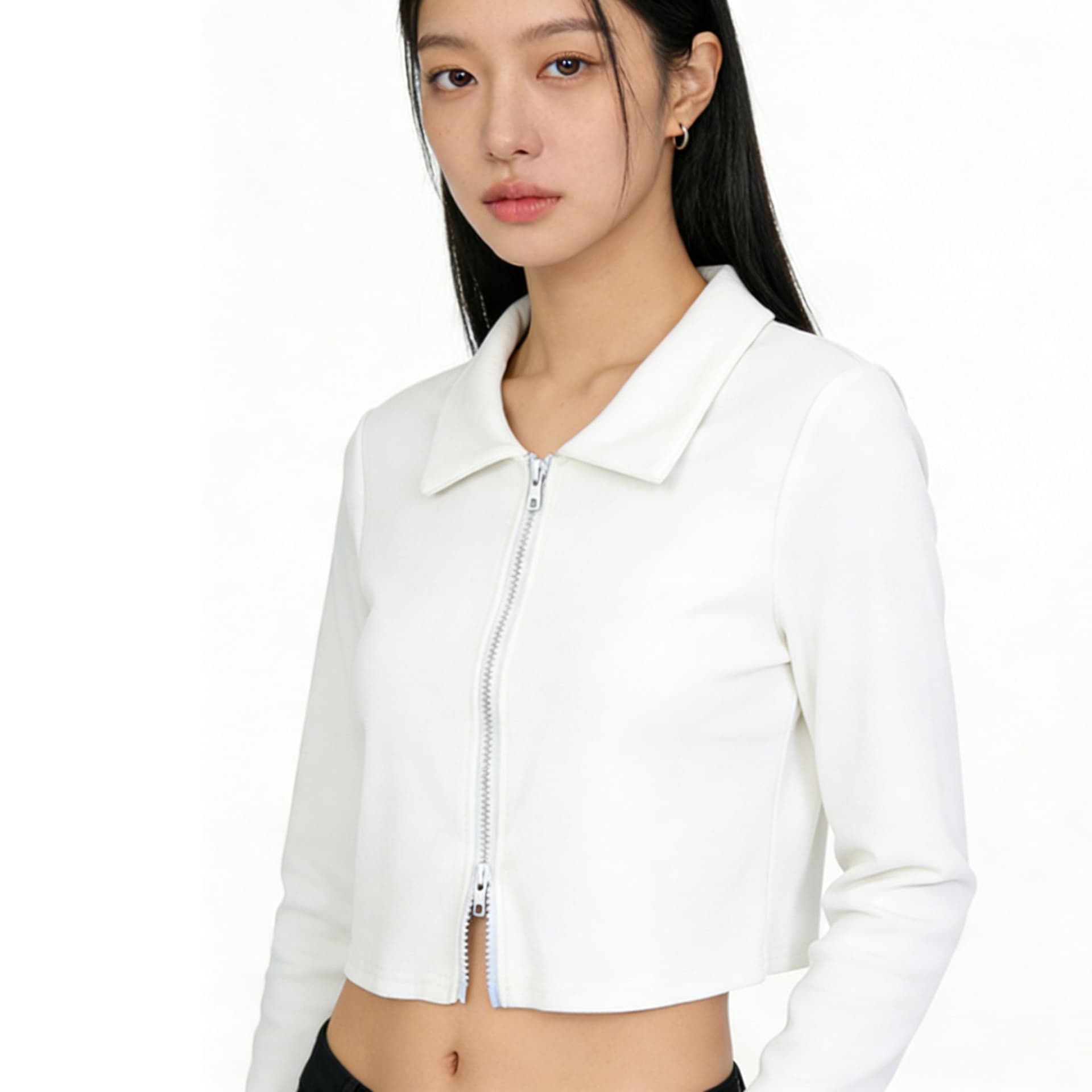 인터넷 유명인 POLO 칼라 더블 지퍼 오픈 가디건 긴팔 티셔츠 여성 ins 슈퍼 화재 디자인 센스 쇼트 스타일 이슬 뼈의 맨위 이미지 4