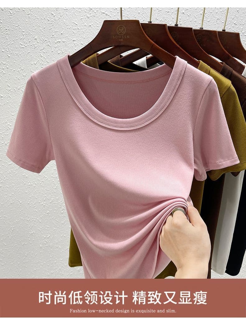 모달 리브 대 라운드 넥 여성 여름 새로운 한국 스타일 루즈핏 슬림해 보이는 반팔 티셔츠 여성 외국 가스 맨위 상세 이미지 3